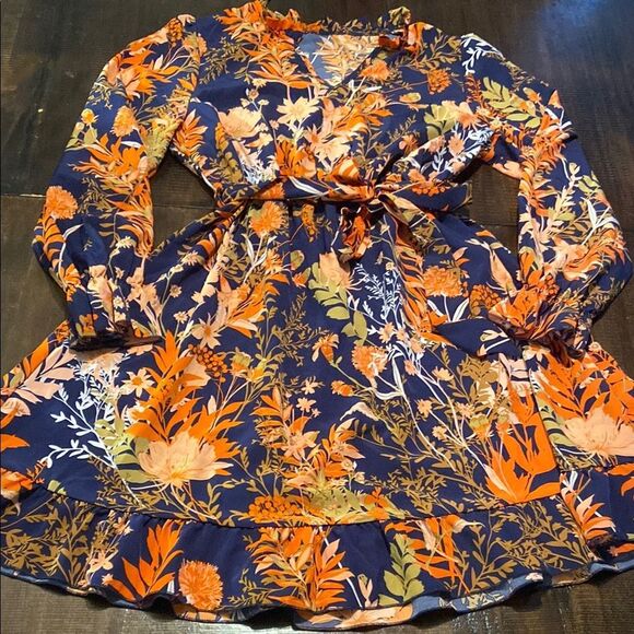 Floral Long Sleeve Dress in Blue and Orange - Picture 1 of 7